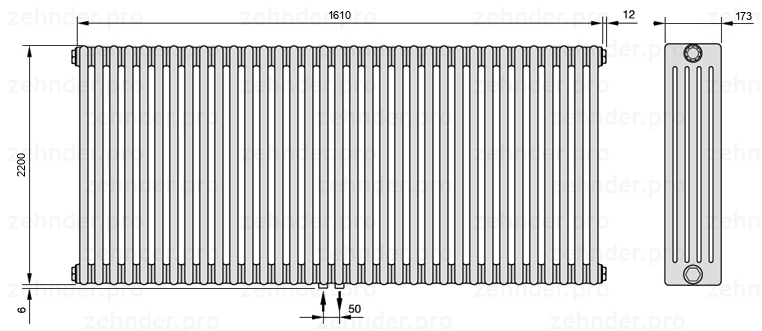 Схема (чертеж) Радиатор Zehnder Charleston 5220/35 №3470 Белый глянцевый RAL 9016